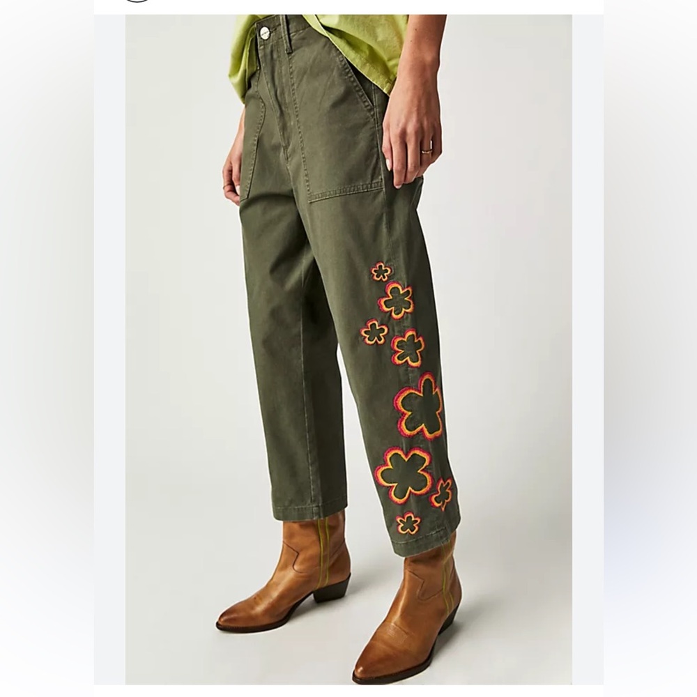 DRIFTWOOD Olive Green Embroidered Cropped Disco Inferno Boyfriend Trousers Sz. L